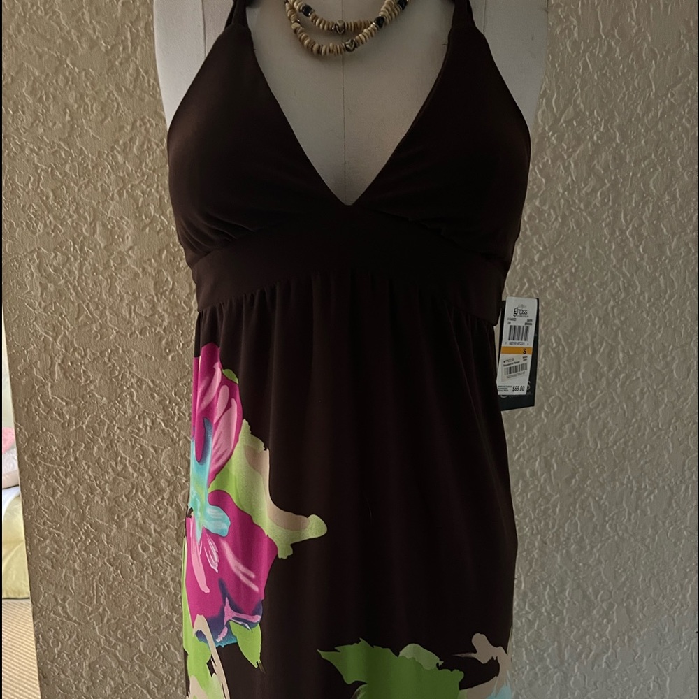 Grass Collection Brown Beaded Colorful Tropical Maxi Dress Small